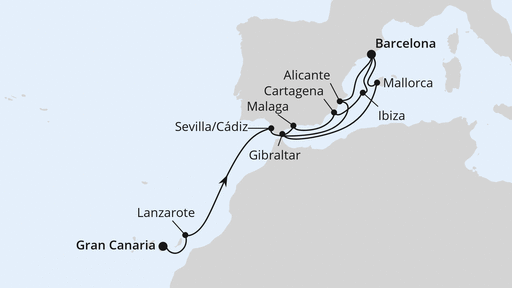 Routenverlauf für Von Gran Canaria nach Barcelona mit AIDAcosma am 21.03.26 Routenverlauf für Von Gran Canaria nach Barcelona mit AIDAcosma am 21.03.26