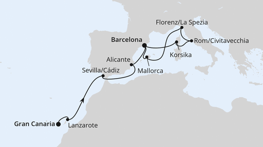 Routenverlauf für Von Gran Canaria nach Barcelona mit AIDAcosma am 11.04.26 Routenverlauf für Von Gran Canaria nach Barcelona mit AIDAcosma am 11.04.26