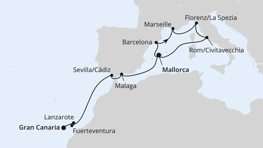 Routenverlauf für Italien, Andalusien & Kanaren ab Mallorca mit AIDAcosma am 29.11.26 Routenverlauf für Italien, Andalusien & Kanaren ab Mallorca mit AIDAcosma am 29.11.26