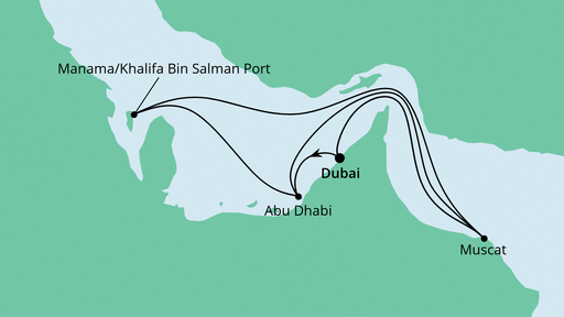 Routenverlauf für Große Orient-Reise ab Dubai 2 mit AIDAcosma am 24.12.22
