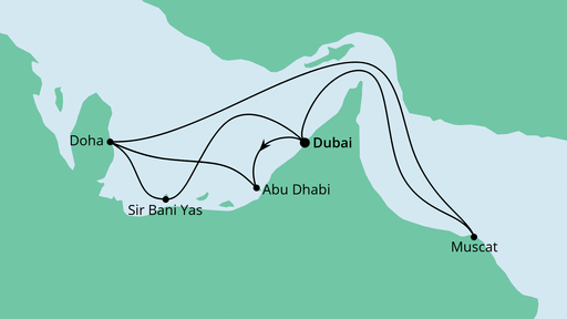 Routenverlauf für Große Orient-Reise ab Dubai 2 mit AIDAcosma am 07.01.23 Routenverlauf für Große Orient-Reise ab Dubai 2 mit AIDAcosma am 07.01.23
