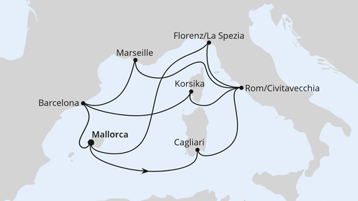 Routenverlauf für Große Mittelmeerreise ab Mallorca mit AIDAcosma am 24.06.23 Routenverlauf für Große Mittelmeerreise ab Mallorca mit AIDAcosma am 24.06.23