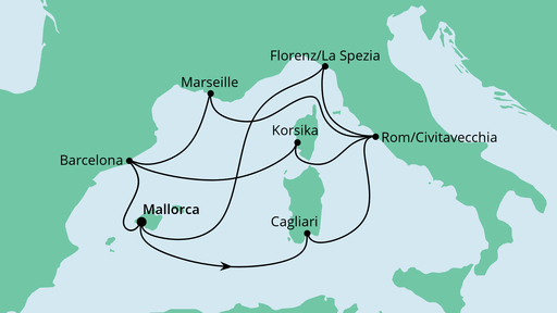 Routenverlauf für Große Mittelmeerreise ab Mallorca mit AIDAcosma am 08.07.23 Routenverlauf für Große Mittelmeerreise ab Mallorca mit AIDAcosma am 08.07.23