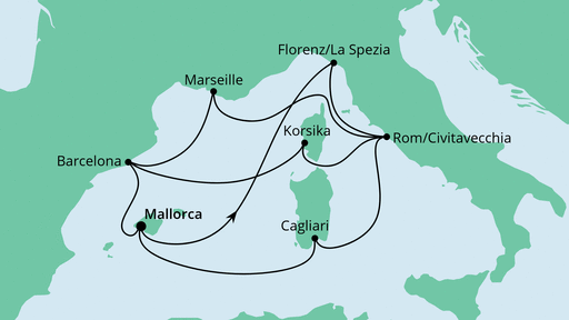 Routenverlauf für Große Mittelmeerreise ab Mallorca mit AIDAcosma am 15.07.23 Routenverlauf für Große Mittelmeerreise ab Mallorca mit AIDAcosma am 15.07.23