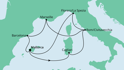 Routenverlauf für Große Mittelmeerreise ab Mallorca mit AIDAcosma am 14.10.23 Routenverlauf für Große Mittelmeerreise ab Mallorca mit AIDAcosma am 14.10.23