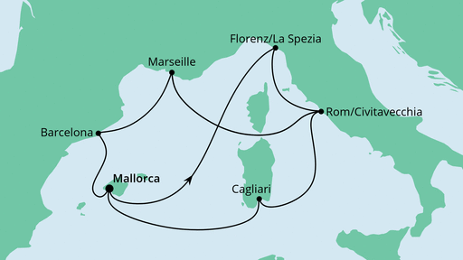 Routenverlauf für Große Mittelmeer-Reise ab Mallorca mit AIDAcosma am 21.10.23 Routenverlauf für Große Mittelmeer-Reise ab Mallorca mit AIDAcosma am 21.10.23