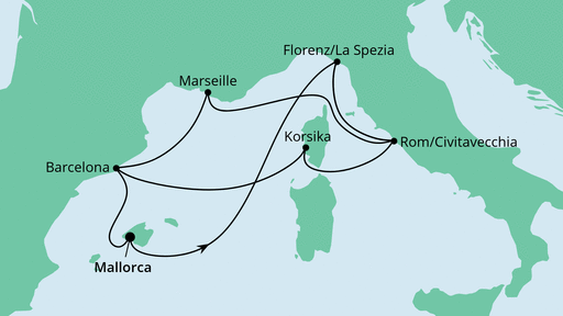 Routenverlauf für Große Mittelmeer-Reise ab Mallorca mit AIDAcosma am 04.11.23 Routenverlauf für Große Mittelmeer-Reise ab Mallorca mit AIDAcosma am 04.11.23