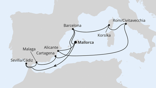 Routenverlauf für Große Osterreise durchs Mittelmeer mit AIDAcosma am 12.04.25