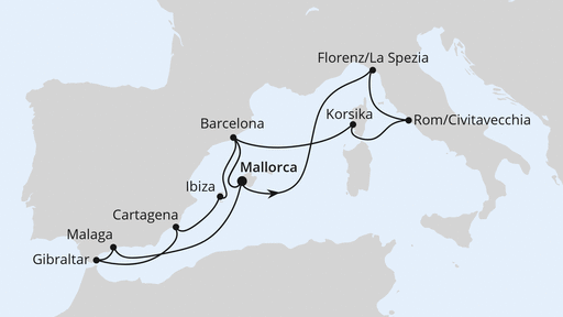 Routenverlauf für Große Mittelmeer-Reise ab Mallorca 2 mit AIDAcosma am 28.06.25