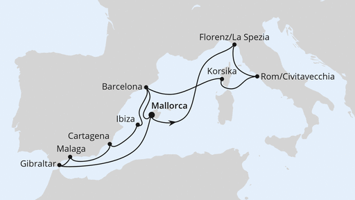 Routenverlauf für Große Mittelmeer-Reise ab Mallorca 2 mit AIDAcosma am 26.07.25