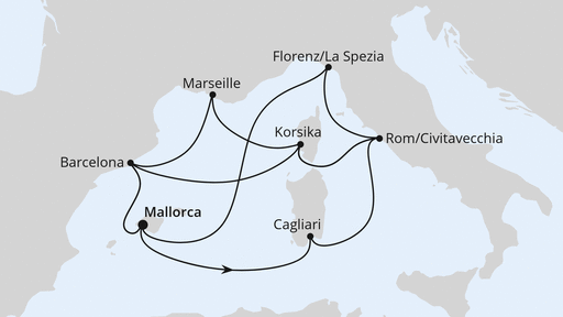Routenverlauf für Große Mittelmeer-Reise ab Mallorca 1 mit AIDAcosma am 30.08.25