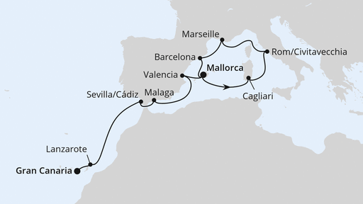 Routenverlauf für Von Mallorca nach Gran Canaria 1 mit AIDAcosma am 25.10.25