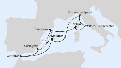 Routenverlauf für Große Mittelmeer-Reise ab Mallorca 2 mit AIDAcosma am 30.05.26