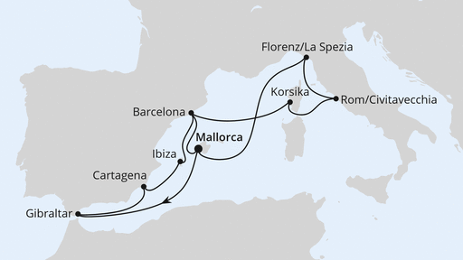 Routenverlauf für Große Mittelmeer-Reise ab Mallorca 2 mit AIDAcosma am 06.06.26