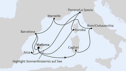 Routenverlauf für Große Mittelmeer-Reise mit Sonnenfinsternis mit AIDAcosma am 01.08.26 Routenverlauf für Große Mittelmeer-Reise mit Sonnenfinsternis mit AIDAcosma am 01.08.26