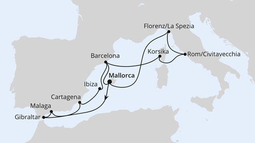 Routenverlauf für Große Mittelmeer-Reise ab Mallorca 2 mit AIDAcosma am 10.10.26
