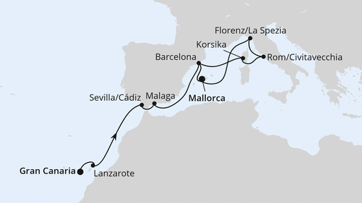 Routenverlauf für Kanaren & Mittelmeer ab Gran Canaria mit AIDAcosma am 24.04.27 Routenverlauf für Kanaren & Mittelmeer ab Gran Canaria mit AIDAcosma am 24.04.27