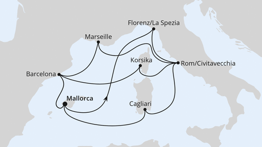 Routenverlauf für Große Mittelmeer-Reise ab Mallorca 1 mit AIDAcosma am 29.05.27