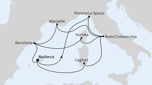 Routenverlauf für Große Mittelmeer-Reise ab Mallorca 1 mit AIDAcosma am 21.08.27