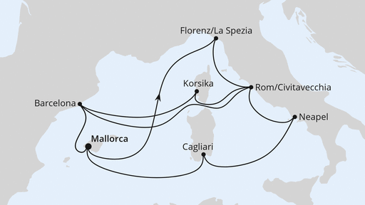 Routenverlauf für Große Mittelmeer-Reise ab Mallorca 1 mit AIDAcosma am 02.10.27