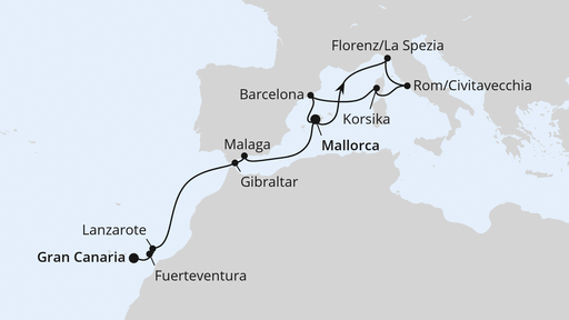 Routenverlauf für Korsika, Italien & Kanaren ab Mallorca mit AIDAcosma am 30.10.27