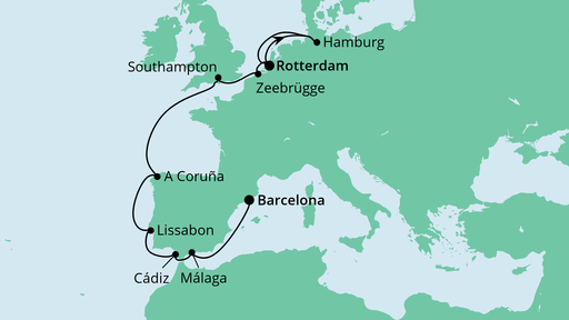 Routenverlauf für Taufreise von Rotterdam nach Barcelona mit AIDAcosma am 07.04.22 Routenverlauf für Taufreise von Rotterdam nach Barcelona mit AIDAcosma am 07.04.22