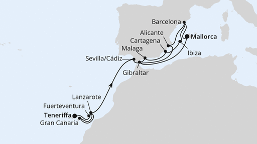Routenverlauf für Große Spanien-Reise mit Gibraltar mit AIDAcosma am 18.03.26 Routenverlauf für Große Spanien-Reise mit Gibraltar mit AIDAcosma am 18.03.26