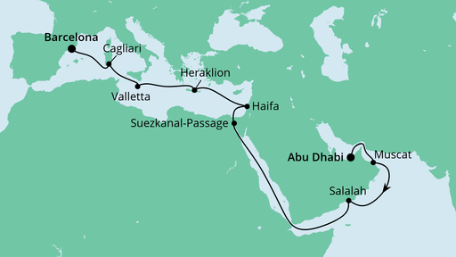 Routenverlauf für Von Abu Dhabi nach Barcelona mit AIDAcosma am 14.04.24