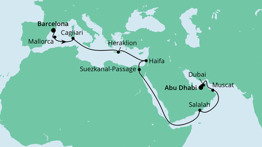 Routenverlauf für Von Barcelona nach Abu Dhabi mit AIDAcosma am 28.10.22