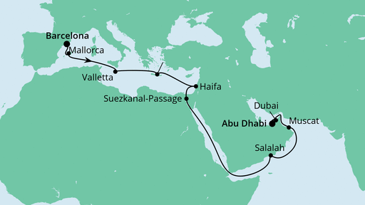Routenverlauf für Von Barcelona nach Abu Dhabi mit AIDAcosma am 27.10.23