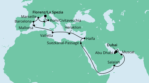 Routenverlauf für Von La Spezia nach Dubai mit AIDAcosma am 23.10.23 Routenverlauf für Von La Spezia nach Dubai mit AIDAcosma am 23.10.23
