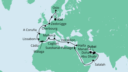 Routenverlauf für Weltenbummler von Kiel nach Dubai mit AIDAcosma am 23.10.21
