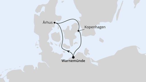 Routenverlauf für Kurzreise nach Dänemark ab Warnemünde mit AIDAdiva am 22.08.26 Routenverlauf für Kurzreise nach Dänemark ab Warnemünde mit AIDAdiva am 22.08.26