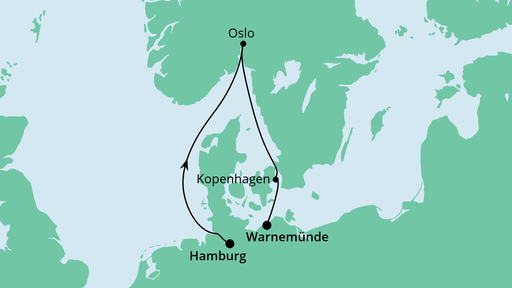 Routenverlauf für Kurzreise von Hamburg nach Warnemünde mit AIDAdiva am 07.04.21