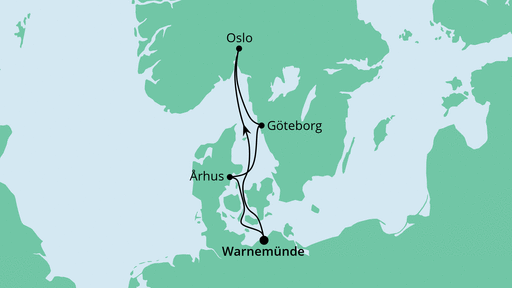 Routenverlauf für Kurzreise nach Skandinavien mit AIDAdiva am 09.10.23 Routenverlauf für Kurzreise nach Skandinavien mit AIDAdiva am 09.10.23