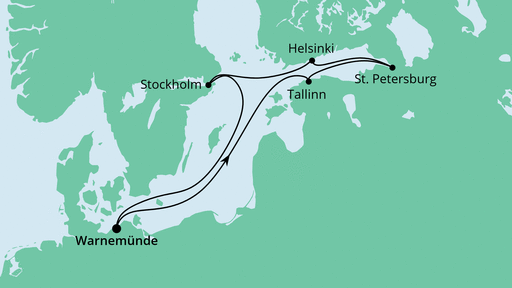 Routenverlauf für Norwegen ab Warnemünde mit AIDAdiva am 02.09.23 Routenverlauf für Norwegen ab Warnemünde mit AIDAdiva am 02.09.23