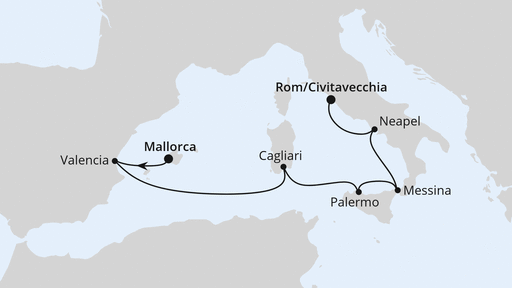 Routenverlauf für Italien & Spanien mit AIDAdiva am 02.03.25 Routenverlauf für Italien & Spanien mit AIDAdiva am 02.03.25