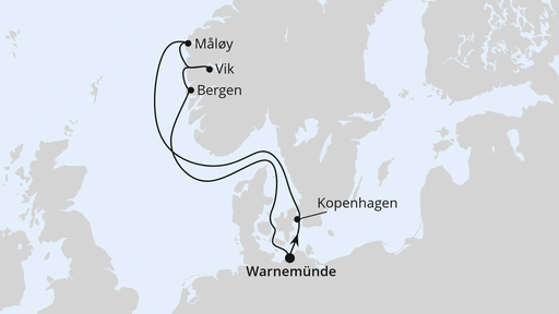 Routenverlauf für Norwegens Fjorde ab Warnemünde mit AIDAdiva am 17.05.25
