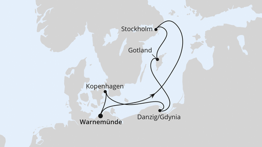 Routenverlauf für Schweden, Polen & Dänemark ab Warnemünde mit AIDAdiva am 24.05.25