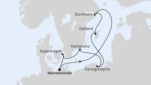 Routenverlauf für Schweden, Polen & Dänemark ab Warnemünde mit AIDAdiva am 30.05.26