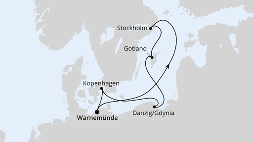 Routenverlauf für Schweden, Polen & Dänemark ab Warnemünde mit AIDAdiva am 11.07.26