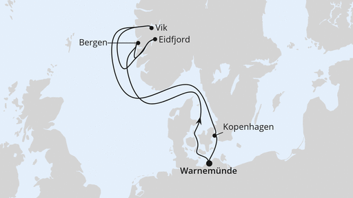 Routenverlauf für Norwegens Fjorde ab Warnemünde mit AIDAdiva am 18.07.26