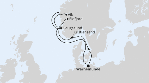 Routenverlauf für Norwegens Fjorde ab Warnemünde mit AIDAdiva am 15.08.26