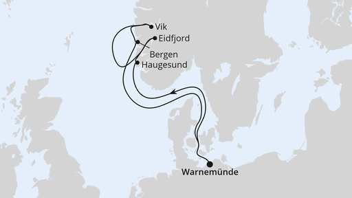 Routenverlauf für Norwegens Fjorde ab Warnemünde 1 mit AIDAdiva am 31.07.27