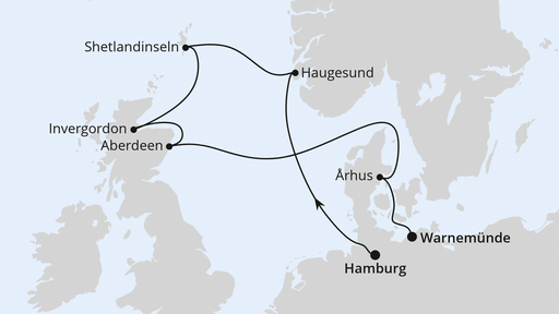 Routenverlauf für Norwegen, Schottland & Dänemark mit AIDAdiva am 12.04.24 Routenverlauf für Norwegen, Schottland & Dänemark mit AIDAdiva am 12.04.24