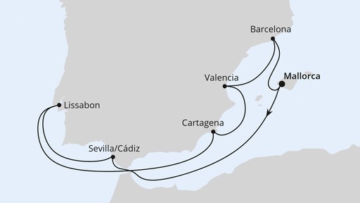 Routenverlauf für Spanien mit Lissabon mit AIDAdiva am 21.02.25