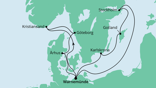 Routenverlauf für Skandinavien ab Warnemünde 1 mit AIDAdiva am 12.08.23 Routenverlauf für Skandinavien ab Warnemünde 1 mit AIDAdiva am 12.08.23