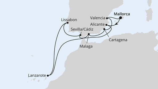 Routenverlauf für Spanien, Portugal & Kanaren mit AIDAdiva am 17.11.24