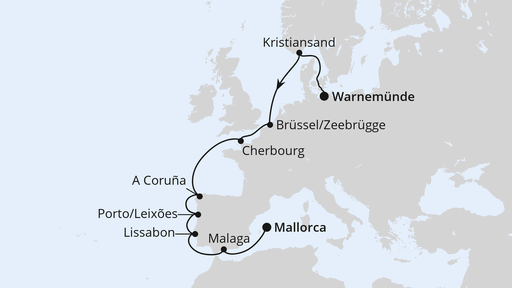 Routenverlauf für Von Warnemünde nach Mallorca mit AIDAdiva am 04.11.24 Routenverlauf für Von Warnemünde nach Mallorca mit AIDAdiva am 04.11.24