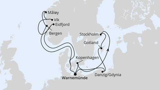 Routenverlauf für Skandinavien & Polen ab Warnemünde mit AIDAdiva am 08.06.24 Routenverlauf für Skandinavien & Polen ab Warnemünde mit AIDAdiva am 08.06.24